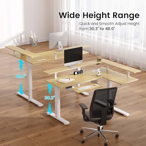 Rolanstar L Shaped Standing Desk with Keyboard Tray, Height Adjustable Corner Desk with LED Light & Power Outlet, Electric Sit Stand Computer Desk with Monitor Stand, Beige Rolanstar