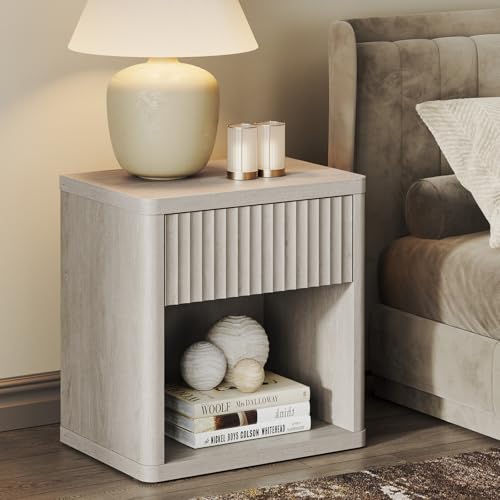 SICOTAS Night Stand Nightstand with Drawer Storage Fluted Bed Side Table End Table Large Modern Wide Bedside Stand Mid Century Night Stands for Bedroom Living Room Sofa Couch Home Office, White Alder SICOTAS