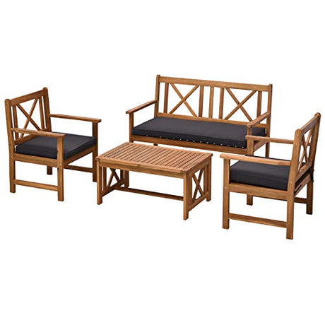 Outsunny 4 Piece Acacia Wood Outdoor Patio Furniture Set with 2 Armchairs, 1 Sofa, & 1 Coffee Table, Cushions Included Outsunny