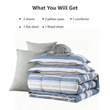 Monbix Full Size Comforter Set - 7 Pieces Bed in a Bag Full, Ocean Blue-Stripe Bedding Sets, All Seasons Comforter Bed Set with Sheets, Pillowcases & Shams Monbix