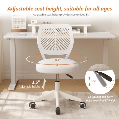 SJZNOI Armless Desk Chair Swivel Office Rolling Chair with Soft Padded Cushion, Height Adjustable Small Task Chair, Ergonomic Study Computer Chair for Kids Girls Boys Teens (White, 1PC) SJZNOI