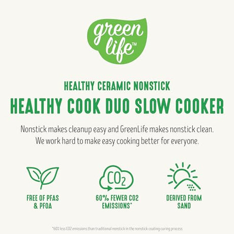 GreenLife 6 Quart Ceramic Slow Cooker, PFAS-Free Programmable Removable Healthy Nonstick Pot for Family Meals, Sear on Stovetop Keep Warm, Digital Timer, Dishwasher Safe Glass Lid & Crock, Quartz Grey GreenLife