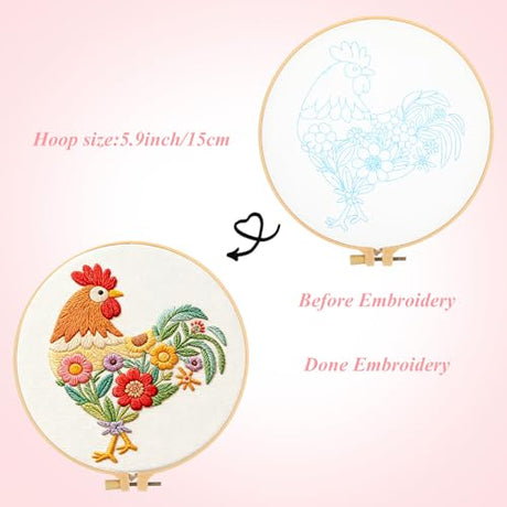 ElevateTech Funny Animal Embroidery Kits for Beginners Adults Cross Stitch Kits with Rooster and Flower Pattern DIY Needlepoint Starter Kit with Embroidery Cloth Hoops Threads for Craft Lover ElevateTech