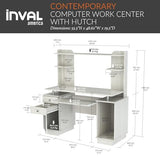 Inval America Computer Work Center with Hutch, Pull-Out Keyboard Tray, Drawers, Desk Workstation, 53.5"H x 48.62"W x 19.5"D, Washed Oak Inval