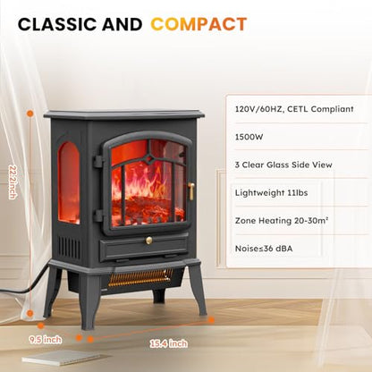 VEXON Electric Fireplace Heater,1000W/1500W Electric Infrared Quartz Fireplace, 22” Freestanding Stove Heater with Realistic Flame, Portable Fireplace, Electric Fireplace Heater for Indoor use