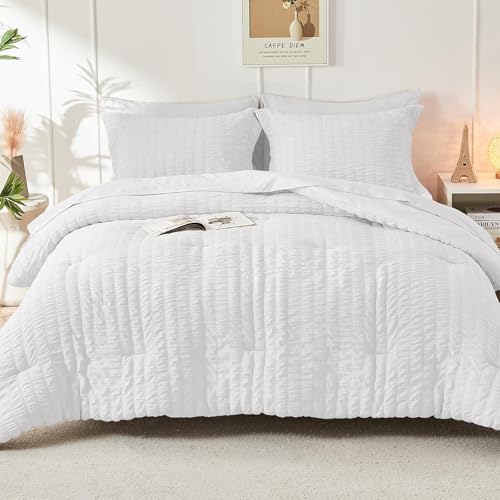 HYMOKEGE White King Size Comforter Set Seersucker 7 Pieces, All Season Luxury Bed in a Bag for Bedroom, Bedding Set with Comforters, Sheets, Pillowcases & Shams HYMOKEGE