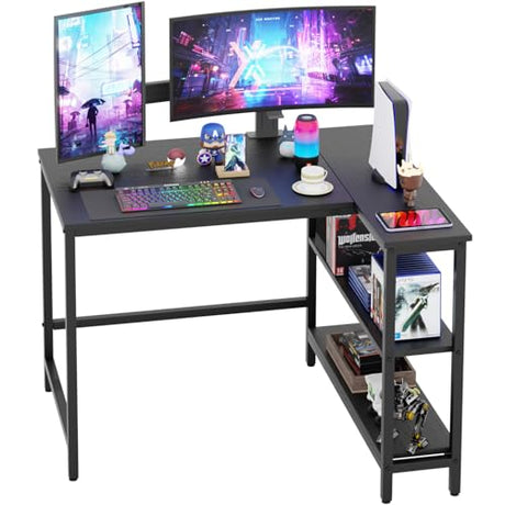 PayLessHere 39 Inch L-Shaped Computer Desk,Gaming Desk with Durable Metal Frame,Corner Desk with Reversible Storage Shelves for Home Office Gaming Study,Black (39 inch) PayLessHere
