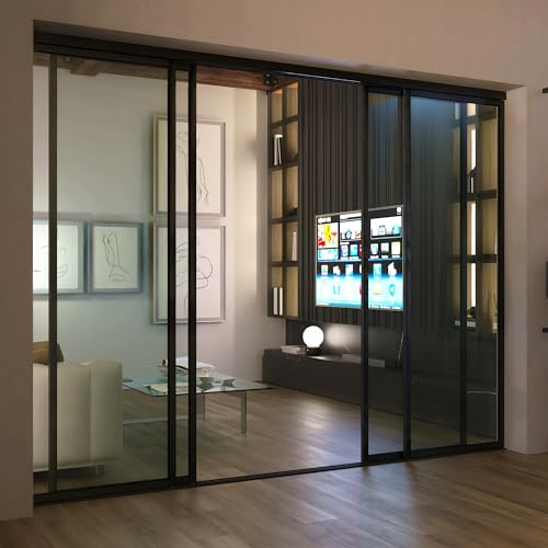 Doors55 4 Panel Glass Room Divider and Sliding Glass Closet Doors - Smoked Frosted Partition Wall - Clear, Smoked and Frosted Glass Sliding Doors Options (Clear Glass, 96x96) Doors55