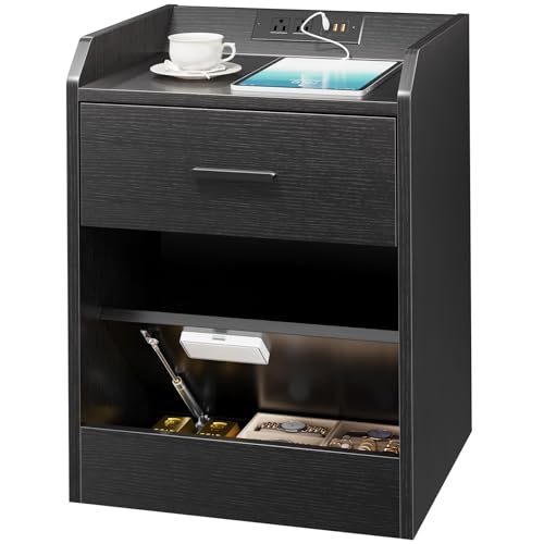 Lazzanto Nightstand with Hidden Drawer & Charging Station, Modern Bedside Table with Storage Drawer and Hidden Compartment, for Bedroom, AC Outlets, USB-A & USB-C Ports, Black Lazzanto