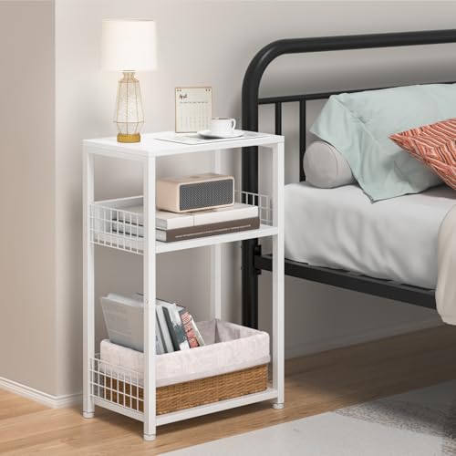 LELELINKY White Side Table with Storage, Small End Table Printer Stand for Small Spaces, Record Player Stand with Vinyl Storage, Sofa Night Stands for Living Room Bedroom LELELINKY