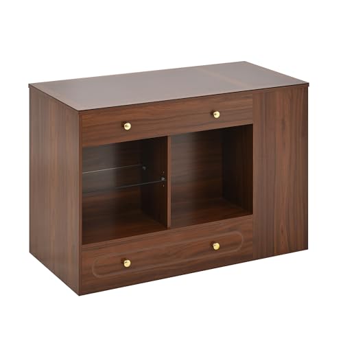 Merax Wood Closet Island with 6 Drawers 47.3" Wardrobe Armoire Bedroom Island with Glass Top and Open Shelves, Jewelry Storage Vanity Island with Compartments Cloakroom Walk-in Closet Island (Walnut) Merax