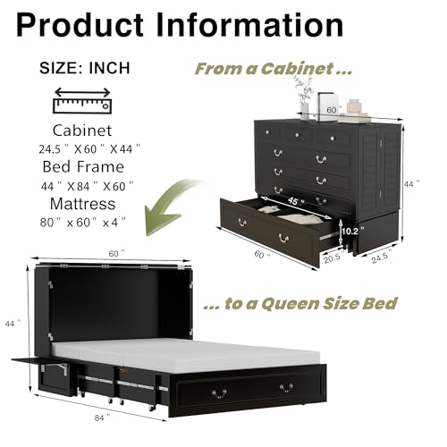 Keloyid Queen Murphy Bed Included Mattress：Wood Murphy Bed Cabinet with USB Charging Station and Large Storage Drawer for Bedrooms/Guest Rooms/Apartments, Black Walnut Color-2 Keloyid