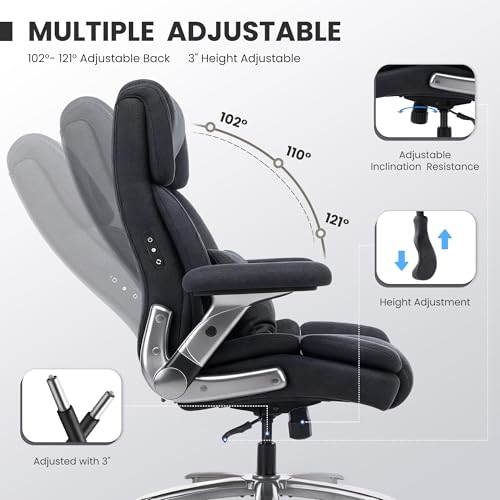750lbs Heavy Duty Desk Chair with 3D Kneading Massage, Big and Tall Office Chairs with Ergonomic Support, 4D Armrests, 5 Quiet Dual Rubber Wheel, Thick Spring Cushion(Black-Fabric) CHAIRKER