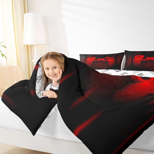 Feelyou Twin Comforter Set for Boys Gamer Bedding Set for Boys Kids Gaming Comforter Red Black Teen Child Gamer Room Decor Soft Game Geometric Duvet Quilted 1 Comforter with 1 Pillowcase Gamer Gifts Feelyou