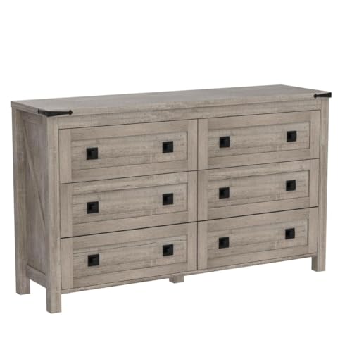 T4TREAM Farmhouse 6 Drawers Dresser for Bedroom, Wood Rustic Wide Chest of Drawers, Storage Dressers Organizer for Bedroom, Living Room, Hallway, Light Rustic Oak T4TREAM