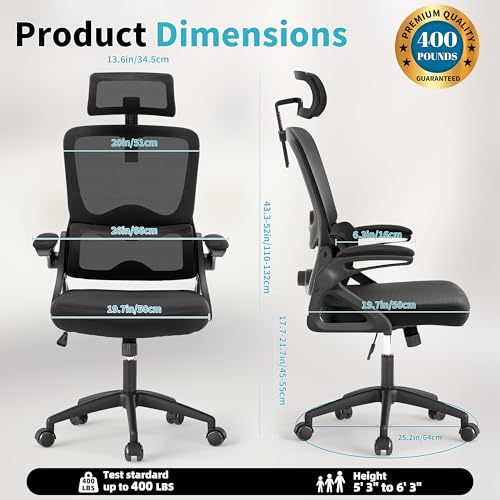 Nexthro Ergonomic Office Chair,Mesh Office Chair with Lumbar Support,High Back Desk Chair with Flip-up Arms,400 lbs Big and Tall Computer Chair with Headrest,Comfy Desk Chairs (Black) Nexthro