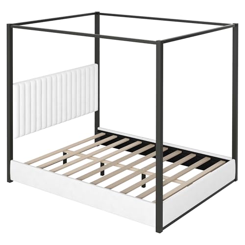 RuiSiSi Queen Size Canopy Bed with Upholstered Headboard, Metal 4-Poster Canopy Bed, Low Profile Platform Bed Frame for Teens, Adults, No Box Spring Needed, Black
