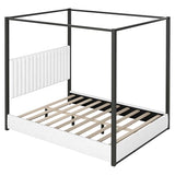 RuiSiSi Queen Size Canopy Bed with Upholstered Headboard, Metal 4-Poster Canopy Bed, Low Profile Platform Bed Frame for Teens, Adults, No Box Spring Needed, Black