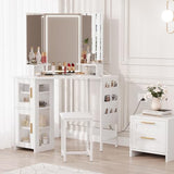 Garvee Corner Vanity Desk and Stool, Corner Makeup Vanity with LED Lighted Mirror Charging Station and Cabinet for Bedroom, White Garvee