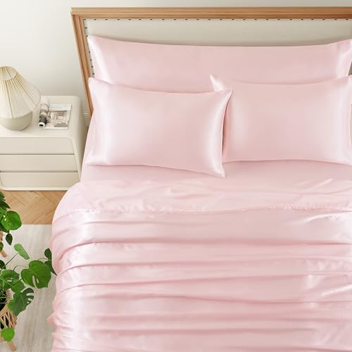 HommxJF 5Pcs Blush Pink Silk Sheets Full,Blush Pink Satin Sheets Set Full Size Silky Comforter Bedding Sheets with 1 Satin Flat Sheet,1Deep Pocket Fitted Sheet,3 Pillowcases with Envelope Closure HommxJF