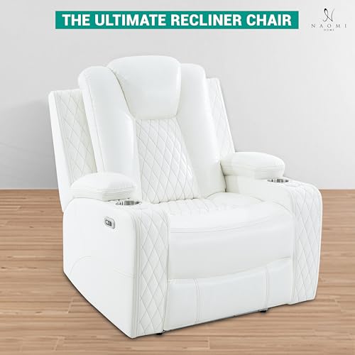 Naomi Home Chicago Power Recliner Chair with LED Lights, USB Charging Port, Adjustable Headrest, Cup Holders & Detachable Tray Tables, Faux Leather Home Theater Seating Recliner - White