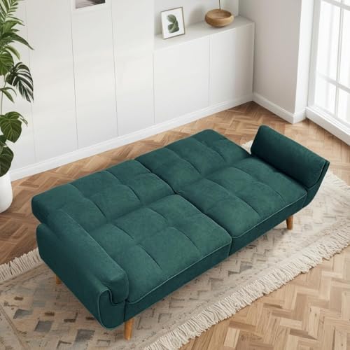 Trygoal Convertible Futon Sofa Bed, Modern Futon Couch with 2 Pillows, Small Futons Couch with Adjustable Armrest & Backrest, Loveseat Sofa Bed for Living Room, Bedroom, Green Trygoal