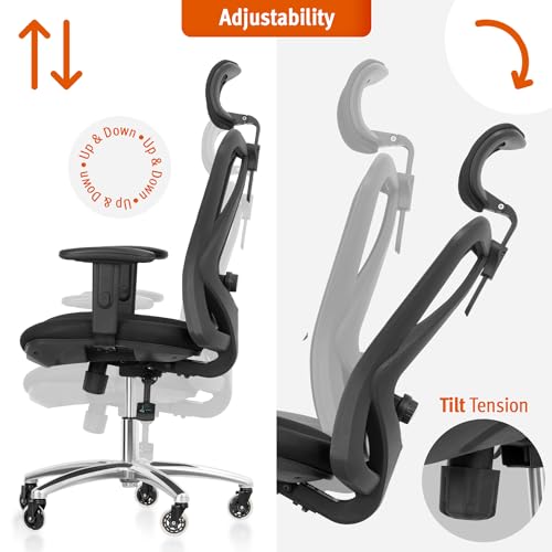 Ergonomic Office Chair - Adjustable Desk Chair with Lumbar Support and Rollerblade Wheels - High Back Chairs with Breathable Mesh - Thick Seat Cushion, Head, and Arm Rests - Reclines (Black) Duramont
