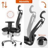 Ergonomic Office Chair - Adjustable Desk Chair with Lumbar Support and Rollerblade Wheels - High Back Chairs with Breathable Mesh - Thick Seat Cushion, Head, and Arm Rests - Reclines (Black) Duramont