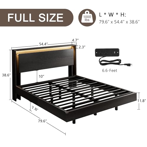 Einhomn Full Size Bed Frame with LED Lights & Charging Station – Kids Wood Floating Bed Frame with Storage Headboard, Adhesive Slats, Kick-Free & Noise-Free Design, Easy Assembly, Black Einhomn