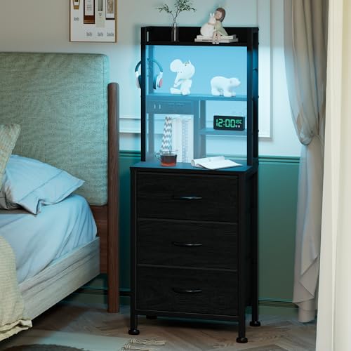 Furnulem Tall Nightstand with 3 Drawers, LED Lights, and USB Charging Ports - Versatile Beadside Table in Black Oak - WoodArtSupply