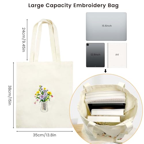SNAIL GARDEN Double-Sided Embroidery Tote Bag Kit for Beginners, Reversible Floral and Bee & Vase Design, Complete Cross Stitch Supplies Included for Adults & Women