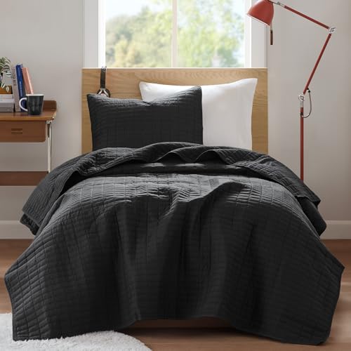 Comfort Spaces Kienna Quilt Set-Luxury Double Sided Stitching Design Summer Blanket, Lightweight, Soft, All Season Bedding Layer, Matching Sham, Black, Coverlet Twin/Twin XL(66"x90") 2 Piece Comfort Spaces