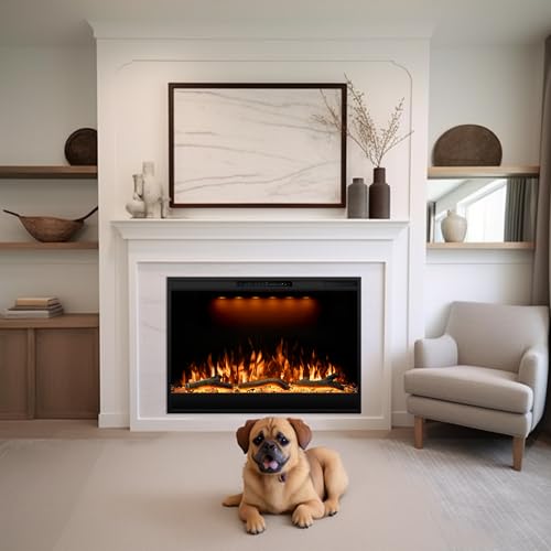 Dreamflame Electric Fireplace Inserts 36inches Wide, Recessed in Wall Fireplace Heater w/Remote Control, 3 Colors Led Top Light& Realistic Flame w/ 5 Brightness, Thermostat, 750W/1500W, Black Dreamflame