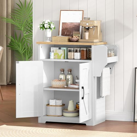 YATINEY Coffee Bar Cabinet, Kitchen Island with Storage, Farmhouse Sideboard Buffet Cabinet with Dual-Purpose Floating Shelf and Hooks, for Kitchen Living Room, White and Natural KF22WN YATINEY