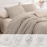 Masaca Oversized King Comforter 128x120,Linen Like Textured Ruched Shabby Boho Chic Bedding Comforter Set,3Pcs Extra Large King Size Ruffle Luxury Fluffy Bedroom Comforter Sets Lightweight Masaca