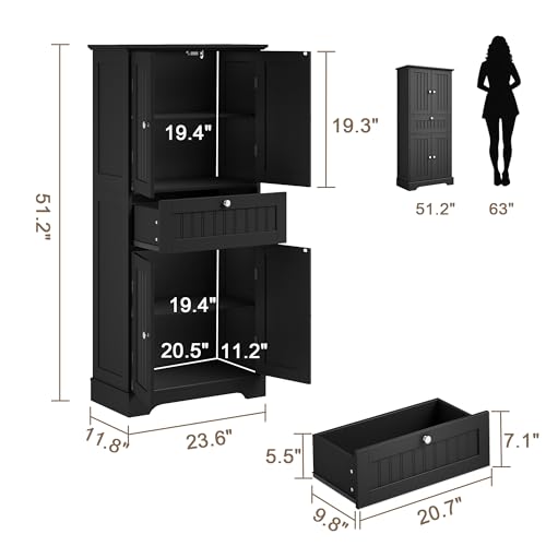 ChooChoo 51" H Tall Bathroom Floor Cabinet, Modern Bathroom Storage Cabinet with Drawer and Adjustable Shelves, Freestanding Kitchen Pantry Cupboard with 4 Doors for Living Room, Black ChooChoo