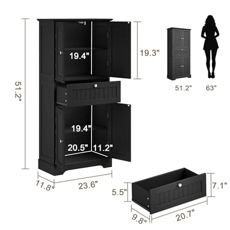 ChooChoo 51" H Tall Bathroom Floor Cabinet, Modern Bathroom Storage Cabinet with Drawer and Adjustable Shelves, Freestanding Kitchen Pantry Cupboard with 4 Doors for Living Room, Black ChooChoo