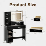 ProsperHaven Vanity Desk with LED Mirror and Lights, Makeup Vanity Table with Power Outlet, Drawers, Cabinet, Dressing Table with Open Storage Shelves for Bedroom, Dressing Room, Black ProsperHaven