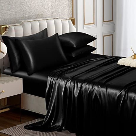 Horbaunal 4 Piece Satin Sheet Set Twin Size Luxury Silky & Soft Black Satin Twin Bed Sheet Set with 16" Deep Pocket, 1 Fitted Sheet, 1 Flat Sheet, 2 Pillowcases Horbaunal