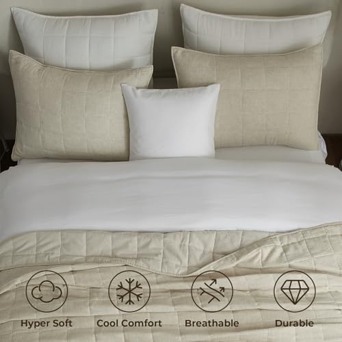 Powdion French Linen Quilt King, Pre-Washed Linen Front and Cotton Back European Comforter, Lightweight Breathable Cotton Quilt King Size for All Season, 3 Pcs Box Stitch Beige King Quilt Powdion