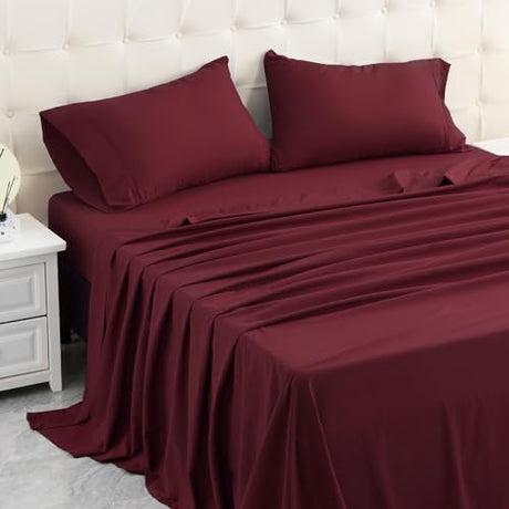 MICORAL Queen Bed Sheets Set, Soft Breathable Bedding Sheet Set, Sheets Set with 16" Deep Pocket Design (4 Pieces, Queen, Wine Red) MICORAL