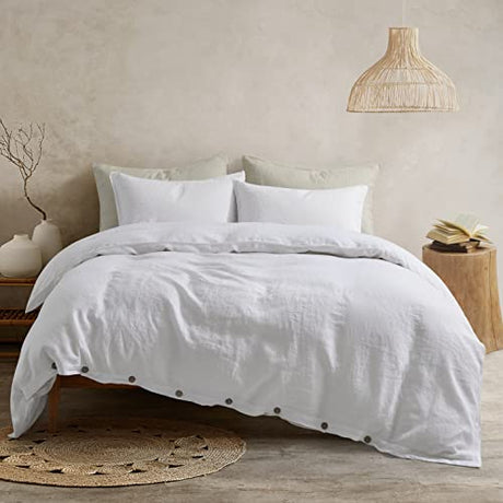 ATLINIA 100% Flax Linen Duvet Cover Set - Stone Washed Pure French Linen Organic Fabric for Farmhouse Comforter Boho Bedding Included 1 Duvet Cover 2 Pillow Shams(White, King) ATLINIA