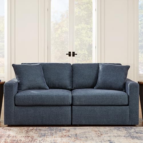 Signature Design by Ashley Modmax Contemporary Modular Stain Resistant 2-Piece Loveseat with Removable Covers and 2 Accent Pillows, Blue Signature Design by Ashley