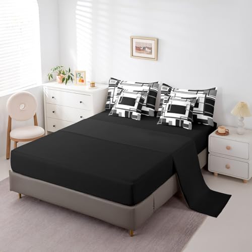 Erosebridal 7Pcs Black and White Full Comforter Set for Minimalist,Black Gray Modern Geometric Bed in A Bag,Abstract Geometric Modern Bedding with Bed Sheets,Mid Century Modern Fashion Quilt Erosebridal
