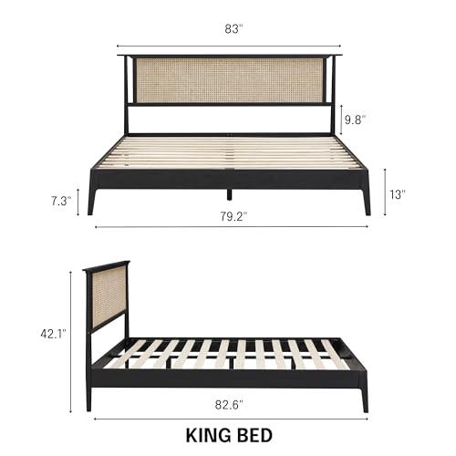 NTC Ruby Burnt Black Wooden Bed Frame with Natural Rattan Headboard, Silent Slats, and Solid Oak Foundation - King Size - WoodArtSupply