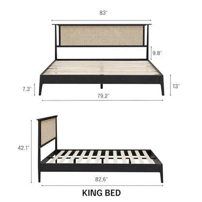 NTC Ruby Burnt Black Wooden Bed Frame with Natural Rattan Headboard, Silent Slats, and Solid Oak Foundation - King Size - WoodArtSupply