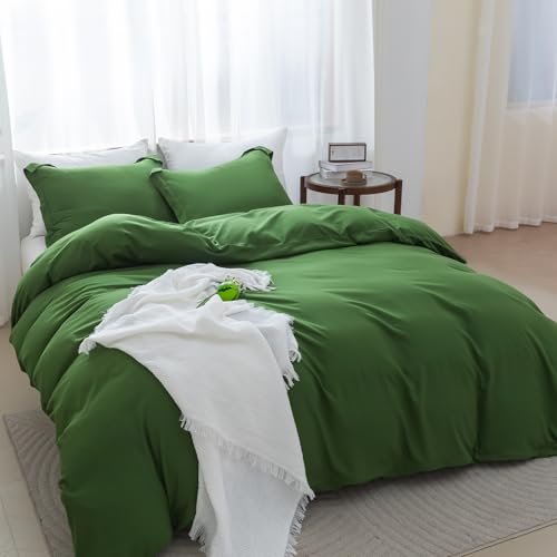 SheRest Olive Green Duvet Cover - Soft Brushed Microfiber, 3 Pieces, 1 Duvet Cover 80x90 Inches with Zipper Closure 8 Ties & 2 Pillow Shams, Breathable Bedding Set for All Season, Full (No Comforter) SheRest