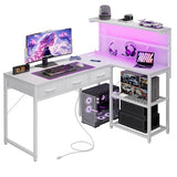 Grandder 50 Inch L Shaped Gaming Desk with 3 Drawers & Storage Shelves & Hutch, Computer Desk with USB Ports, Study Writing Table for Bedroom, Simple Modern Laptop Desk for Home Office, White Grandder