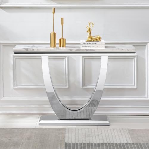 Maotifeys 47" Marble Console Table Modern White Faux Marble Entryway Table with U-Shape Silver Mirrored Stainless Steel Base Luxury Accent Sofa Table for Living Room Hallway Corridor Table Maotifeys