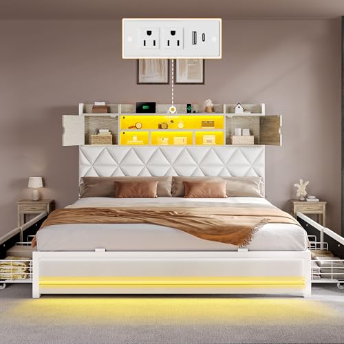 DWVO King Size Bed Frame with RGB LED Lights & Storage Bookcase Headboard, Upholstered Bed with Charging Station and 4 Drawers, No Box Spring Needed, Easy Assembly, Noise-Free, PU Leather White DWVO